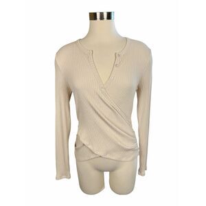 Jonathon Simkhai Standard Ribbed Faux Wrap Henley LS Knit Top Ecru